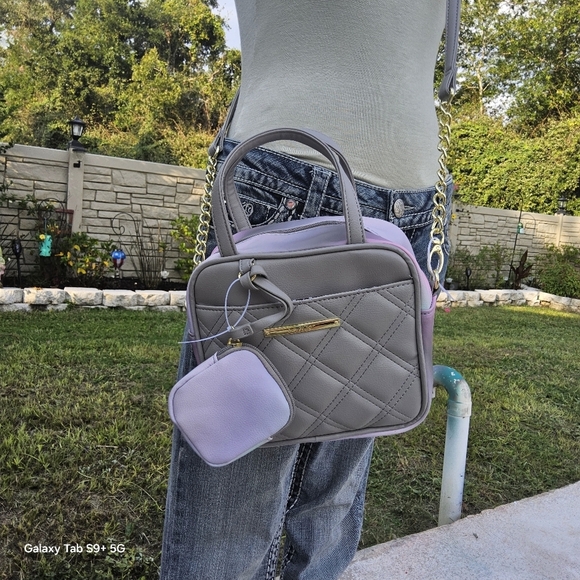 BETSEY JOHNSON QUILTED GREY n MULTI COLOR SQUARE LUV BETSEY SATCHEL w/POUCH - Picture 6 of 6